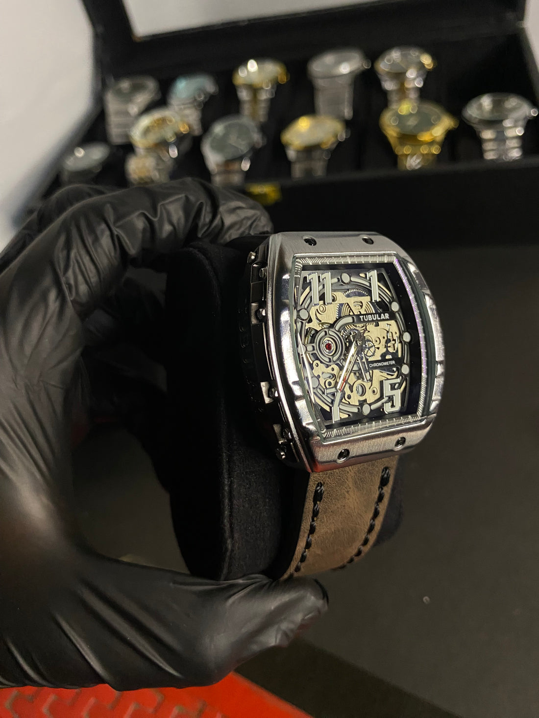 Tabular Leather Strap Sporty Watch with free its box and pakaging